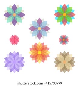 Fully vector set of stylized flowers (blooms). Stylized flowers collection in various colors and sizes. Flowers icons for various use, like a stickers, icons, background, stamps, etc.