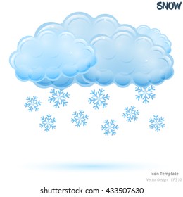 Fully vector snowy icon template. Glossy blue cloud object. Glossy blue snowflakes objects. Snowy icon template with blue shadow. Snowy template icon for various use.