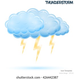 Fully vector thunderstorm icon template. Glossy blue cloud object. Glossy bolts objects. Thunderstorm icon template with blue shadow. Storm icon template for various use.