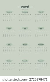 Modelo de calendário de 2026 de ano inteiro com um design minimalista e elegante com uma paleta de cores verde sábio suave. Perfeito para planejamento digital ou documentos comerciais imprimíveis.