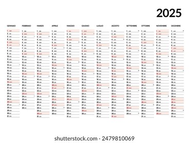 Un calendario anual completo para 2025 en italiano, que muestra todos los meses de enero a diciembre, con días de la semana y días festivos destacados, diseño simple y claro.