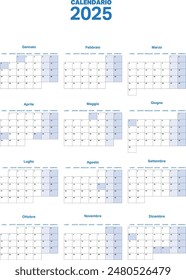 A full-year calendar for 2025 in Italian, displaying all months from January to December, with days of the week and holidays highlighted, blue background, simple and clear design.
