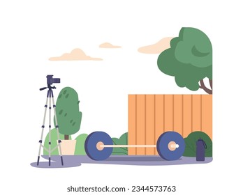 Fully-equipped Yard For Power Exercise Vlog, Featuring Weight, Camera on Tripod and Water Bottle Vector Illustration