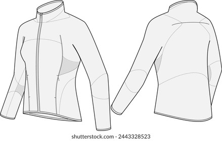 Chaqueta deportiva de running con cremallera completa para mujer. Plantilla de diseño vectorial de ilustración de moda con diseño sin capucha con cierre de cremallera impermeable, ajuste delgado y paneles deportivos.