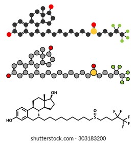 Fulvestrant breast cancer drug molecule. Conventional skeletal formula and stylized representations.
