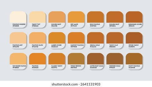 Fulvous Color Palette. Fulvous Tones Swatch Chart with HEX Codes and Color Names. Warm Gold Brown Variants Variants Infused Orange Tone Palette. Light and Highlight Orange color palette design