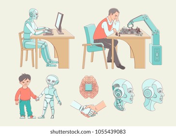 fuman robots interaction symbols set. Bot working at desktop, playing with man in chess Data science innovation, artificial intelligence machine learning Vector illustration isolated