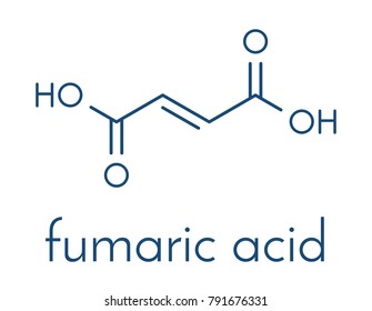 Fumaric acid molecule. Found in bolete mushrooms, lichen and iceland moss and used as food additive. Skeletal formula.