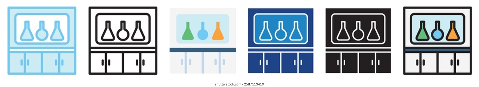 Fume Hood multi style, mini illustration icon. outline, flat, glyph, line color, UI, UX, app and web, digital or print. For education, research, chemistry. health.