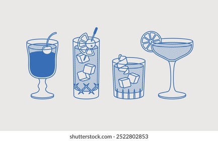 Fumigator Flip, Tom Collins, Negroni, and Gimlet cocktails. Line art, retro. Vector illustration for bars, cafes, and restaurants.