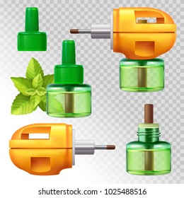 Fumigator with spearmint icons set on isolated background.  Electric vaporizer mosquito repellent. Selective focus. Realistic 3d vector illustration.