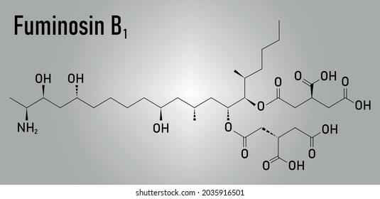 Fumonisin B1 mycotoxin molecule. Fungal toxin produced by some Fusarium molds, often present in corn and other cereals. Skeletal formula.