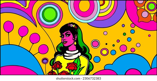 Una divertida ilustración psicodélica al estilo de los años 1960 o 1970 de una mujer con piel magenta y cabello verde en contra de un groovy vintage fondo de arte pop