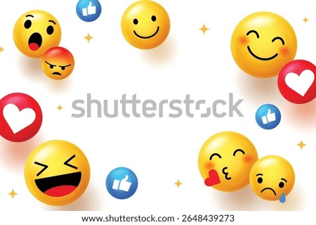 Fun 3D emoji border with social media. Great for digital messages, banners, and social engagement templates with blank space for text.