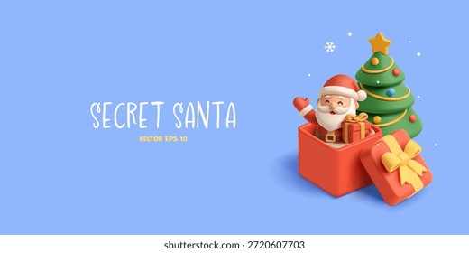 Divertido Papai Noel 3D sentado em uma caixa de presente e uma árvore de Natal em um fundo azul com neve. Para conceitos de Papai Noel secreto, presentes, diversão, infância. Ilustração vetorial.