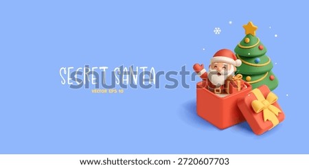 Fun 3D Santa Claus sitting in a gift box and a Christmas tree on a blue background with snow. For concepts of secret Santa, gifts, fun, childhood. Vector illustration.