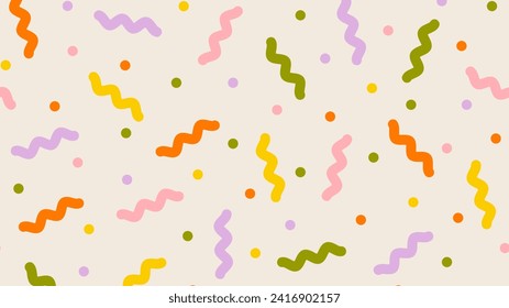 Fun abstract background with colorful confetti. Festive doodle pattern. Pop art style textures. Funky vector design. Flat design, cartoon.