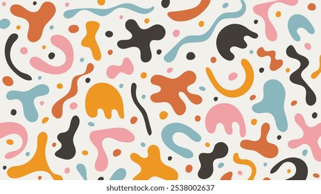 Fun abstract background of colorful hand drawn shapes and blobs. Pop art pattern with doodle and with matisse style shapes.