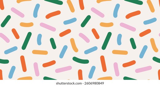 Fun abstract background with colorful seamless pattern confetti or sugar sprinkles. Multi colored festive backdrop. Pop art style textures. Vector design for banners presentations, flyers, posters.