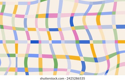 Fun abstract background in doodle style. Multi colored striped geometric pattern. Retro 60s 70s groovy design. Curve crossed lines grid. Wavy plaid backdrop in childish cartoon style