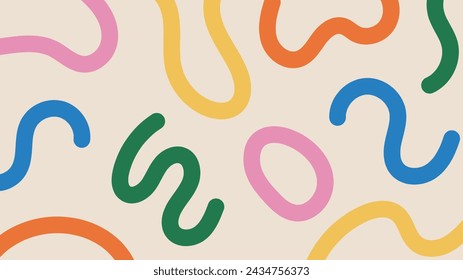 Fun abstract background with multi colored squiggly lines. Doodle design with hand drawn colorful shapes and stripes