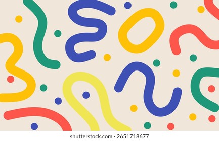 Fun abstract background with multi colored squiggly lines. Doodle design with hand drawn colorful shapes, stripes and dots. Vektor