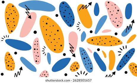 Fun abstract blobs in blue, pink, and yellow with dotted textures and leaf symbols, connected with arrows on white background.
