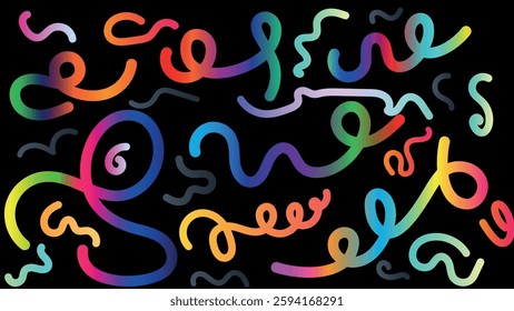 Fun abstract colorful random doodle shape line art. Trendy seamless pattern random colorful geometric line art vector. coloring fun cute playful random doodle style line scribble on black background.