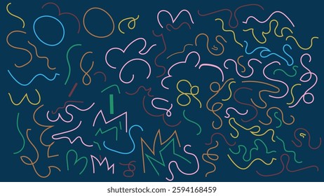 Fun abstract colorful random doodle shape line art. Trendy seamless pattern random colorful geometric line art vector. coloring fun cute playful random doodle style line scribble on black background.