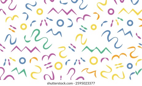 Fun abstract colorful random doodle shape line art. Trendy seamless pattern random colorful geometric line art vector. coloring fun cute playful random doodle style line scribble on black background.