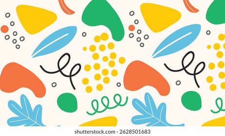 Fun abstract composition with bright shapes and squiggles. Great for playful branding, web design, and contemporary backgrounds.