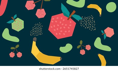 Fun abstract design with tropical fruits like bananas, apples, and cherries on a dark background. Playful and colorful fruit artwork for modern creative projects. Perfect summer background.
