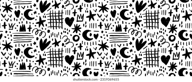 Spaß abstraktes Doodle formt nahtloses Banner. Muster mit Kronen, Gitter, Schrott und Sternen. Childische Holzkohlezeichnung. Abstrakter Schokoladenstil, Zeichenhintergrund für Kinder mit doodlen Formen.