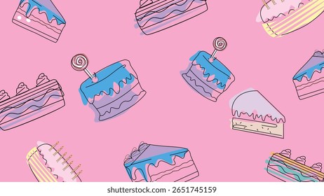 Fun abstract illustration with pink, yellow, blue, and green wave shapes in a dripping layout. Bright and playful style.
