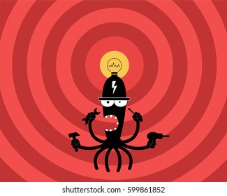 Fun abstract monster with wrench, screwdriver and drill. Repair concept illustration.