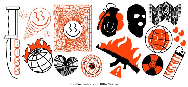 Fun Abstract Pictures, Rave Art, Smileys, Funny Objects, Gang Style. All Elements Are Isolated On White Background, Logo Templates