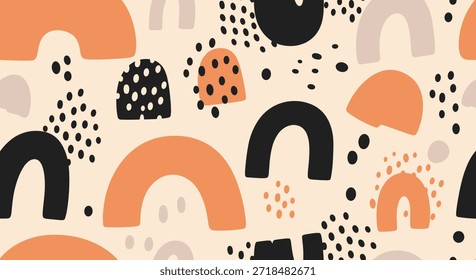 Divertido patrón abstracto sin fisuras con arco iris dibujado a mano, puntos y semicírculos en tonos negros, naranjas y beige.