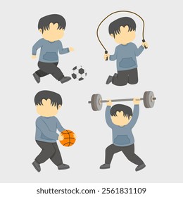 Fun and Active Kids Sports Collection: Energetic Illustrations Featuring Children Playing Soccer, Basketball, Weighlifting, and Jumping Rope for Education, Posters, and Creative Design Projects