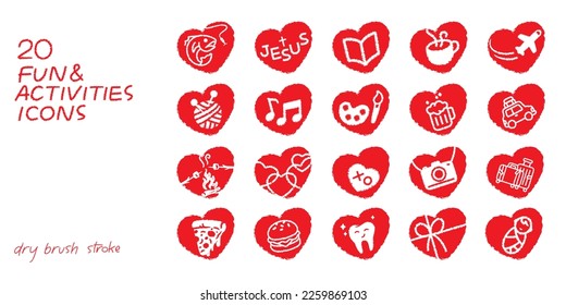 Fun and activities icons dry brush stroke style. Grunge textured solid icon vector illustration