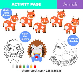 Fun activity page for kids. Educational children game set. Animals theme coloring page, connect the dots. Worksheet for toddlers and pre school age