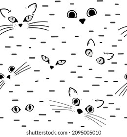 Fun and adorable black and white cat face seamless vector pattern. Line art kitty eyes, noses, ears with abstract stripes and strokes