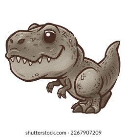 A fun and adorable cartoon illustration of a Tyrannosaurus rex with large expressive eyes, tiny arms, and a playful smile.