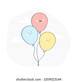 Fun Air Balloons isolated on white background. Party, Birthday, Surprise or Celebration smiling happy Balloons characters. Flat line funny vector illustration in cartoon linear style.