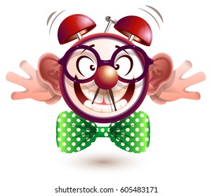 Fun alarm clock face fool day teases. Isolated on white vector cartoon illustration