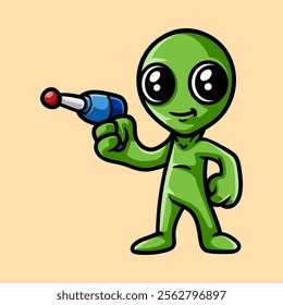 fun alien with blaster gun cartoon isolated colored drawing line art style sketch classic vintage design illustration