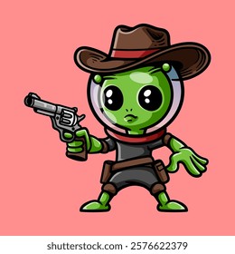fun alien cowboy cartoon colored character isolated drawing line art style sketch classic vintage design illustration