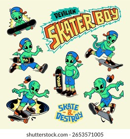 PERSONAGEM DE DESENHO ANIMADO DIVERTIDO DO DIABO ALIENÍGENA OU SKATEBOARDING BOY COM ALGUNS TRUQUES LEGAIS PARA DESIGN DE ILUSTRAÇÃO, ADESIVOS, MERCADORIAS, BANDA, FOLHETOS, ETC. 