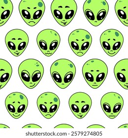 Fun alien emoji pattern with expressive faces.Seamless pattern green alien heads with facial expressions in a cartoon style.Vector illustration for textiles, wallpapers, stickers, wrapping paper