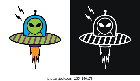 fun alien with ufo doodle art graphic element