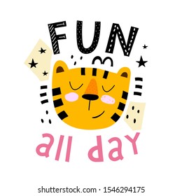 fun all day. cartoon tiger with lettering, stars, decor elements. children vector illustration. hand drawing. flat style template. baby design for cards, posters, t-shirt prints